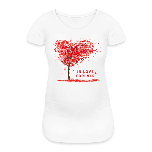 Personalisiertes weißes Schwangerschafts-T-Shirt mit roten Herz Baum und Spruch "In Love Forever" - Print Motiv und Text änderbar - Damen Shirt zum Valentinstag - auch in großen Größen - Weiß