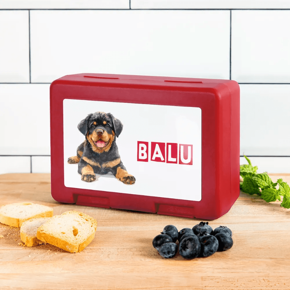 Personalisierter Behälter für Hunde Leckerlis - Motiv und Text veränderbar - Bild des eigenen Hundes hochladbar -