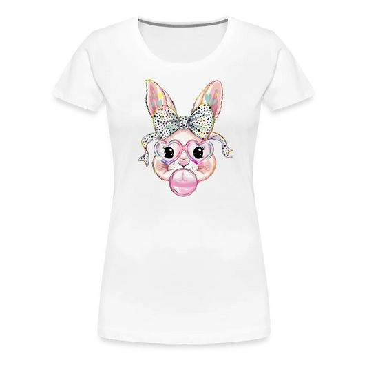 Personalisierbares Frauen T-Shirt für Ostern - Frohe Ostern Shirt mit Osterhase, Masche, Brille und Kaugummi - Motiv, Text, Produkt und Bild leicht anpassbar - auch in großen Größen (bis 3XL) und vielen Farben - Weiß