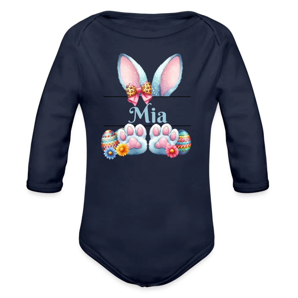 Personalisierter Baby Bio-Langarm-Body für Ostern - Frohe Ostern Body mit Osterhasen Ohren, Ostereier und Name - niedlicher Print für Mädchen - Name, Motiv und Produkt sind leicht änderbar - in vielen Farben und Größen bis Größe 80 bzw. 12 Monate - Dunkelnavy
