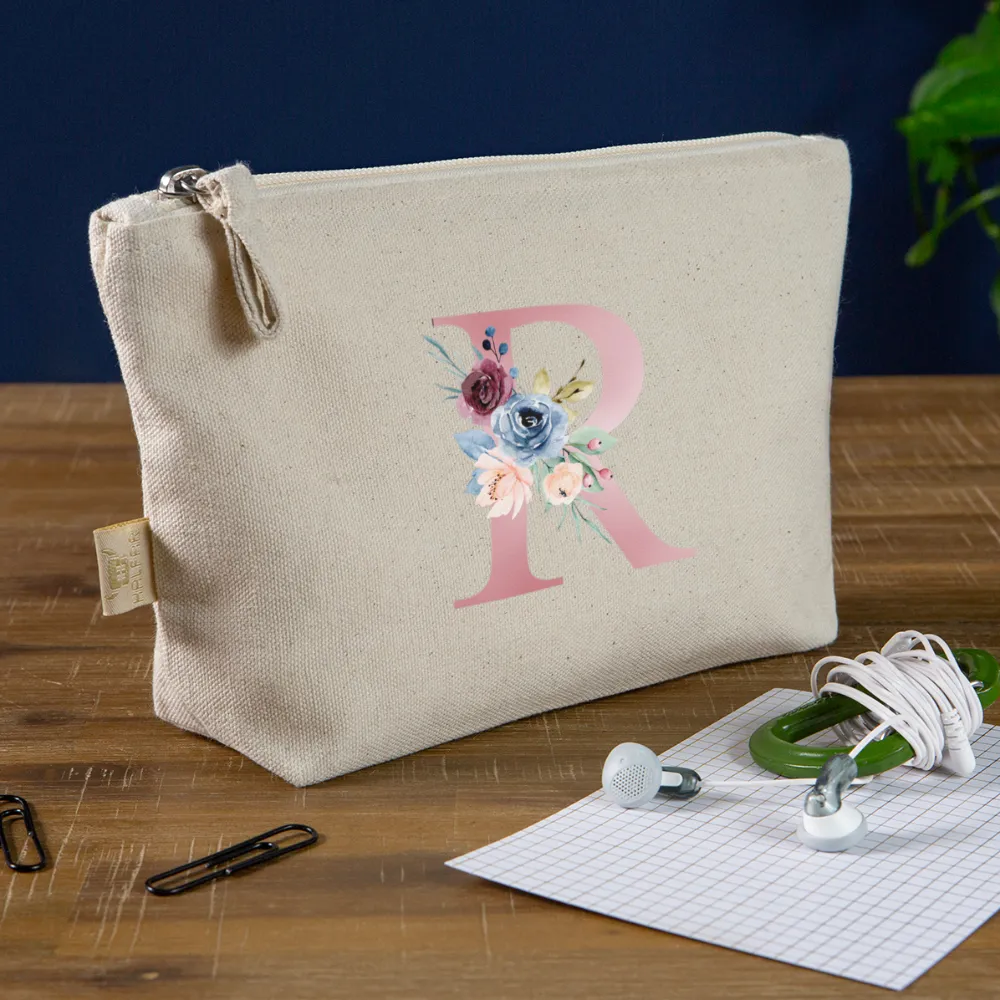 Personalisierte Tasche / Kulturtasche mit rosa Buchstaben und Blumen für den Namen - Täschchen für Mädchen und Damen aus Bio Baumwolle - Buchstabe und Motiv individualisierbar - 250 x 140 x 60 mm -