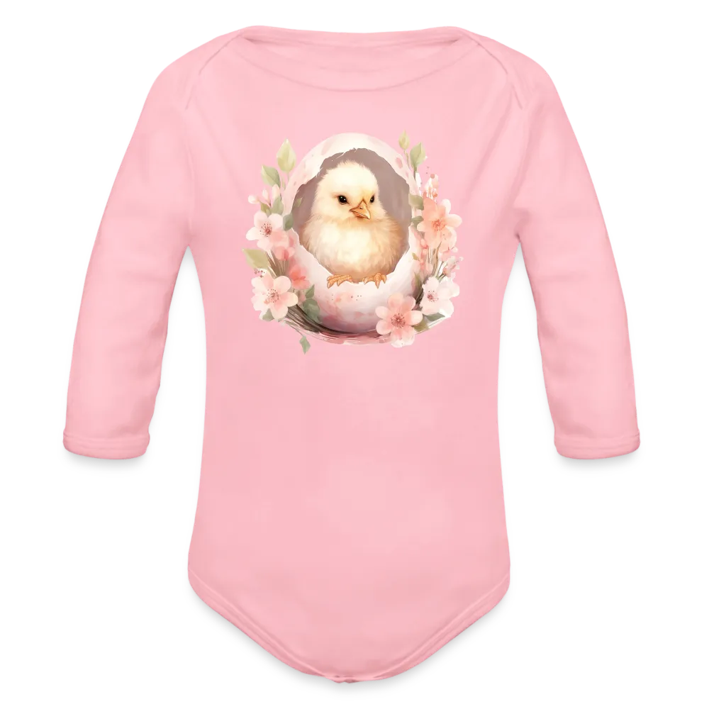 Personalisierter Baby Bio-Langarm-Body für Ostern - niedliches Küken in der Eierschale - Motiv, Produkt, Text und eigenes Foto ist easy änderbar - in vielen Farben und Größen bis Größe 80 bzw. 12 Monate - Hellrosa