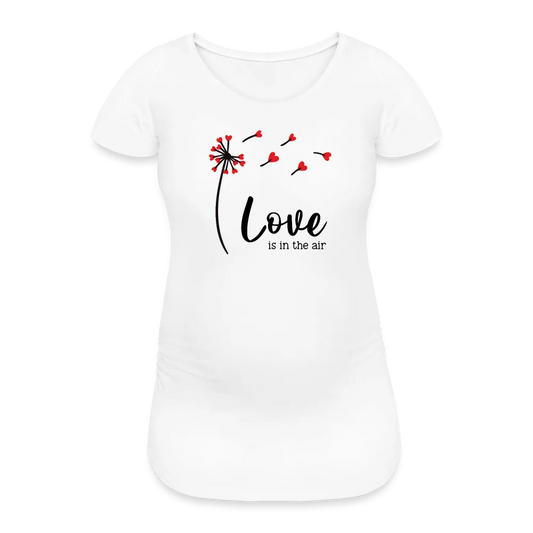 Personalisiertes weißes Schwangerschafts-T-Shirt für Frauen mit Pusteblume und Spruch - Love is in the air - Print Shirts für werdende Mama - Motiv und Text individualisierbar - auch in großen Größen für jede Mutter - Weiß