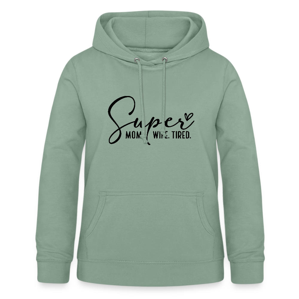 Personalisierter Frauen Hoodie mit Spruch "Super Mom" - perfekt für Muttertag oder Geburtstag - viele Farben und Größen - einfach anpassbar mit Text und Motiv - Graugrün