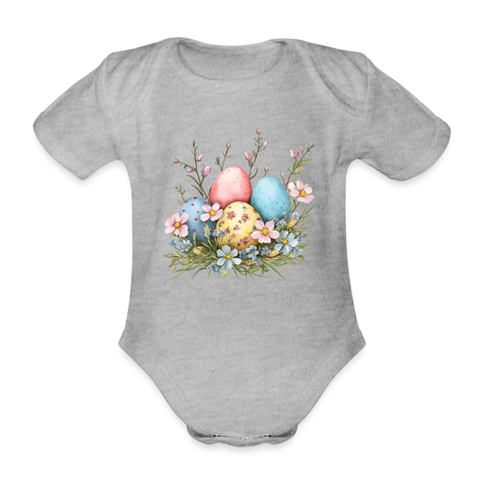 Personalisierter Baby Bio-Kurzarm-Body für Mädchen mit Osternest mit Ostereier und Blumen - Babybody für Ostern - in vielen Farben und Größen - Motiv und Text individualisierbar - Grau meliert