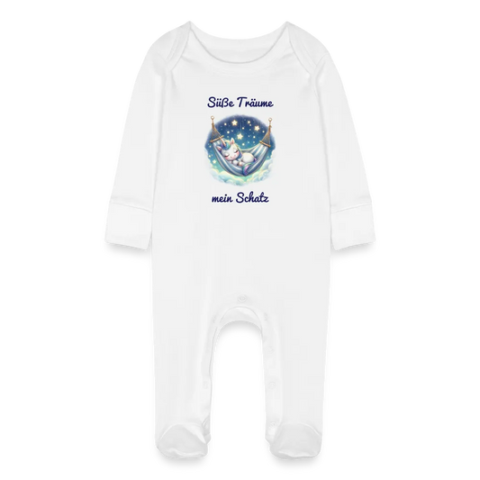 Baby Bio-Schlafanzug mit niedlichem Einhorn - Mädchen Langarm Strampler zum Schlafen - Motiv und Text änderbar - Weiß