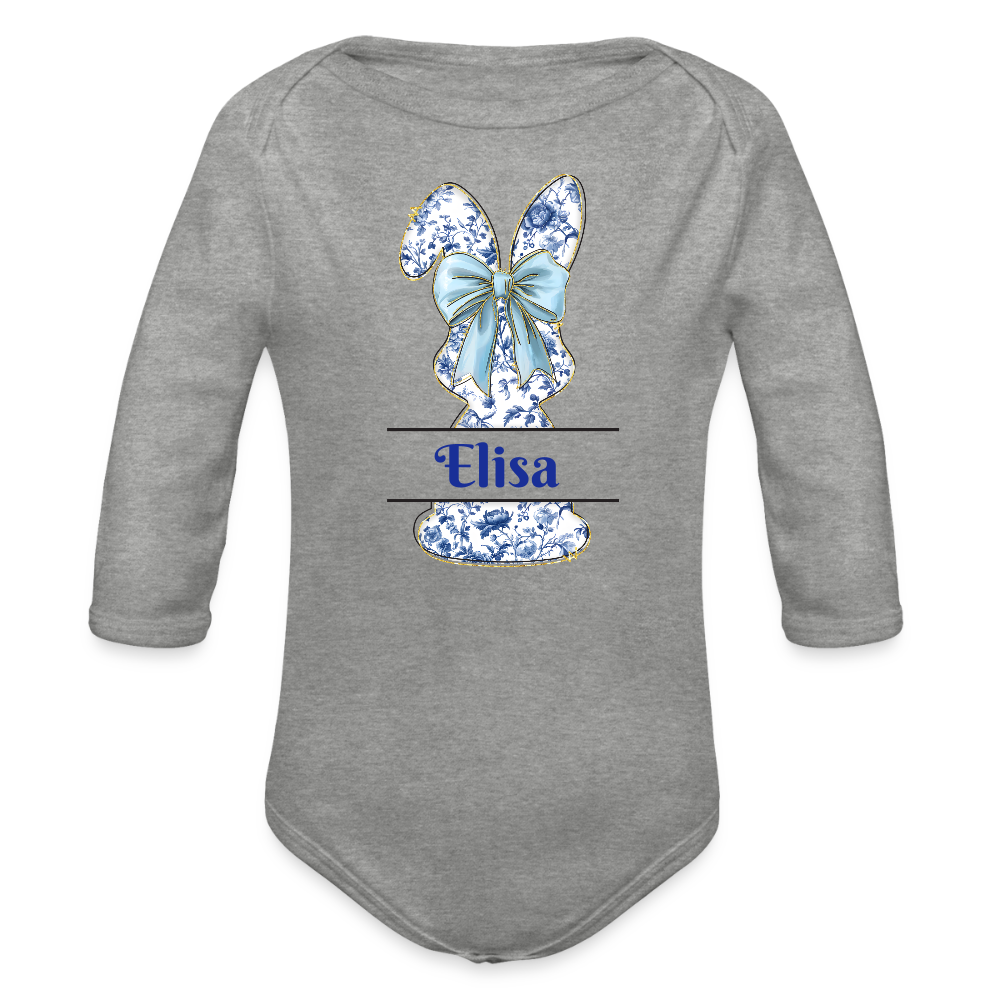 Personalisierter Baby Bio-Langarm-Body für Ostern - süßer Mädchen Osterhase mit Masche in blau - Grau meliert