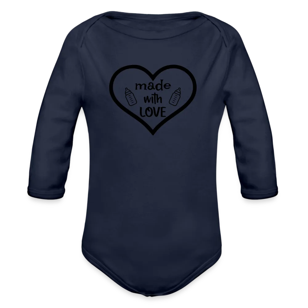 Personalisierter Unisex Baby Bio-Langarm-Body mit Spruch "Made with love" - 100% Bio Baumwolle - bis Größe 80 bzw. 12 Monate - in vielen Farben und Größen - Bild, Motiv und Text sind individualisierbar - Dunkelnavy