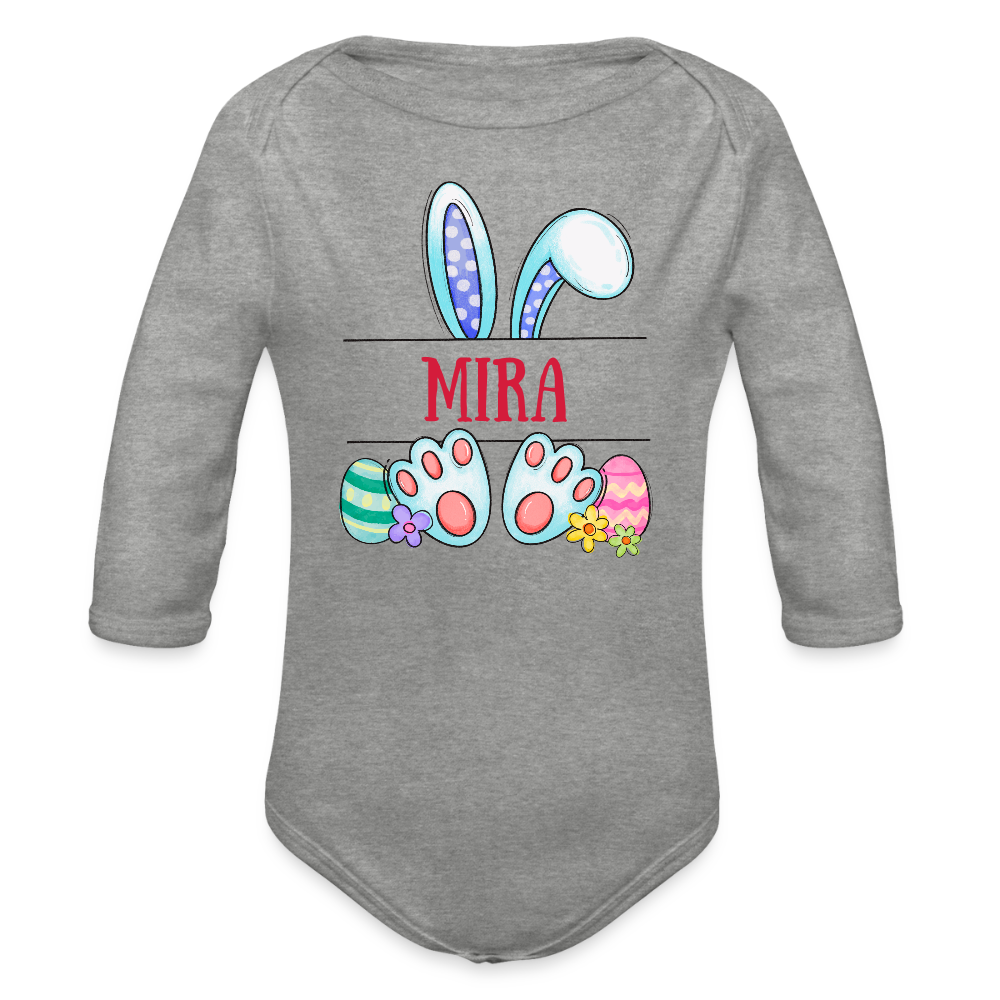 Personalisierter Baby Bio-Langarm-Body für Mädchen - süßer bunter Osterhase Ostereier und Blumen mit Name zum Eintragen - Grau meliert