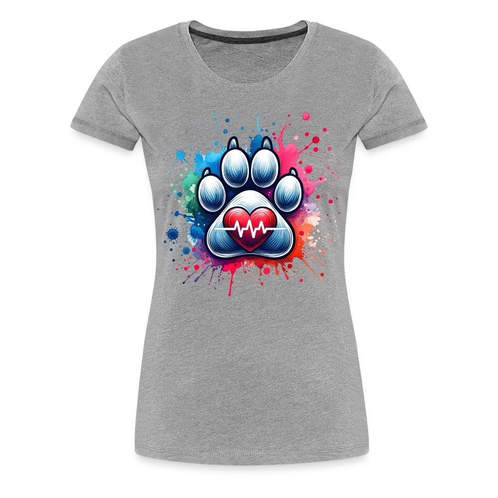 Personalisiertes Frauen Premium T-Shirt mit Hundepfote, Herz und Herzschlag Linie - Motiv und Text anpassbar - viele Farben und Größen - Grau meliert