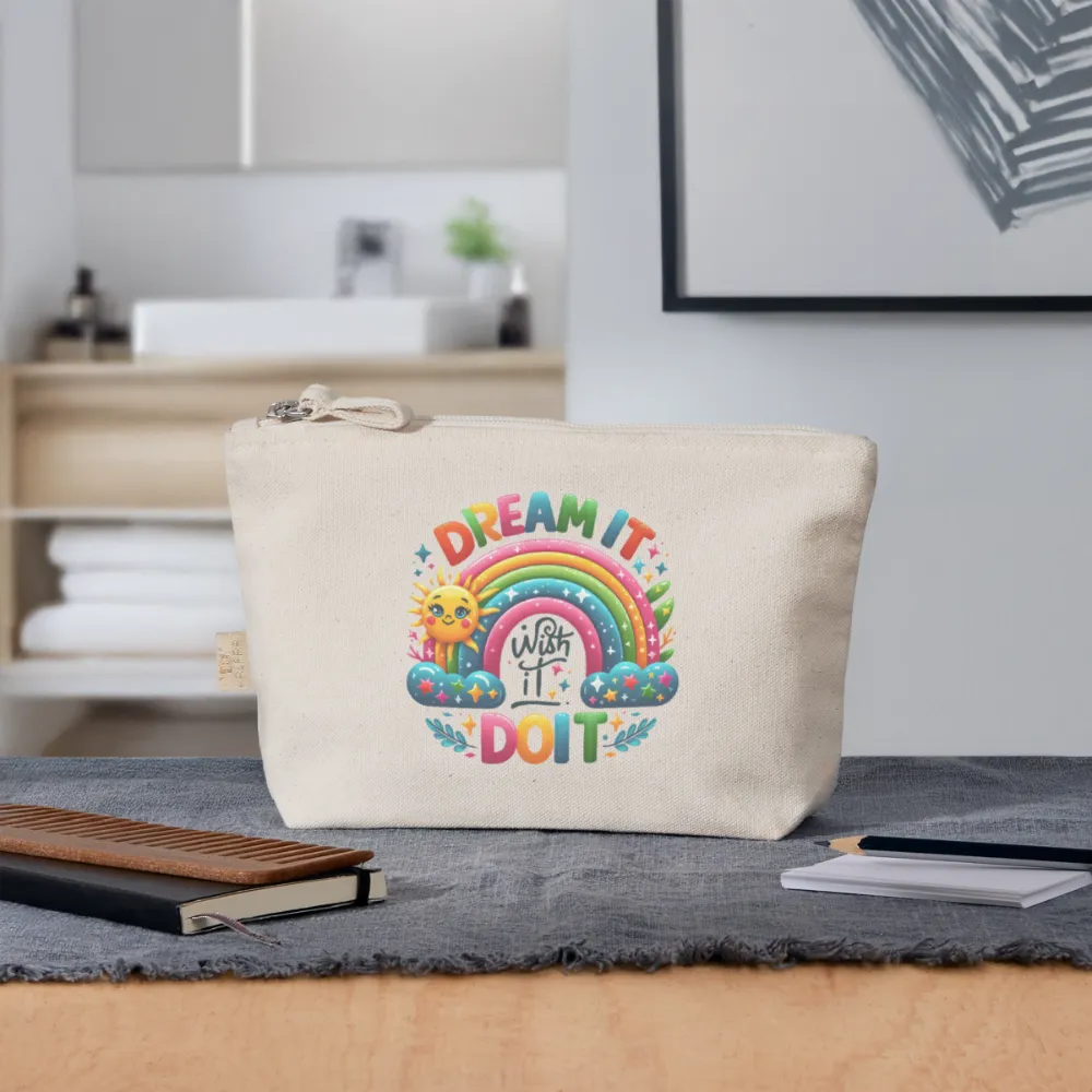 Personalisierte Tasche / Kulturtasche mit Rainbow Regenbogen, Sonne und Sterne und Spruch "Dream it - wish it - do it" - Täschchen für Mädchen und Damen aus Bio Baumwolle - Individualisierung bei Text und Motiv - 250 x 140 x 60 mm -