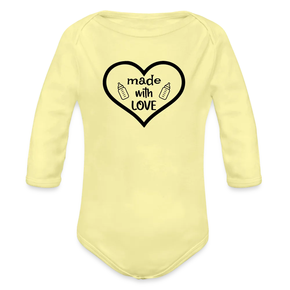 Personalisierter Unisex Baby Bio-Langarm-Body mit Spruch "Made with love" - 100% Bio Baumwolle - bis Größe 80 bzw. 12 Monate - in vielen Farben und Größen - Bild, Motiv und Text sind individualisierbar - Hellgelb