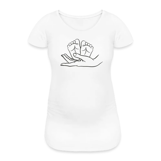 Personalisiertes weißes Schwangerschafts-T-Shirt für Frauen mit Babyfüßchen und Love - Print Shirts für werdende Mama - Motiv und Text individualisierbar - auch in großen Größen für jede Mutter - Weiß