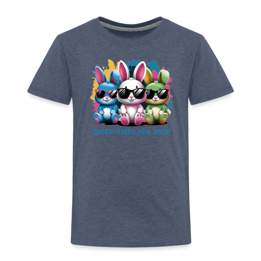 Personalisiertes Frohe Ostern Kinder T-Shirt mit Osterhasen mit Sonnenbrille und Spruch "Oster-Vibes für Dich" - Motiv, Produkt, Text und eigene Bilder easy anpassbar - viele Farben und Größen (bis Größe 140 bzw. 8 Jahre) - Blau meliert
