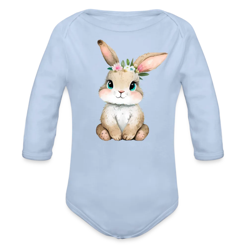 Personalisierter Baby Bio-Langarm-Body für Ostern - niedlicher Bunny Body mit Mädchen Osterhase und Blumen - Motiv, Produkt, Text und eigenes Foto ist easy änderbar - in vielen Farben und Größen bis Größe 80 bzw. 12 Monate - Sky