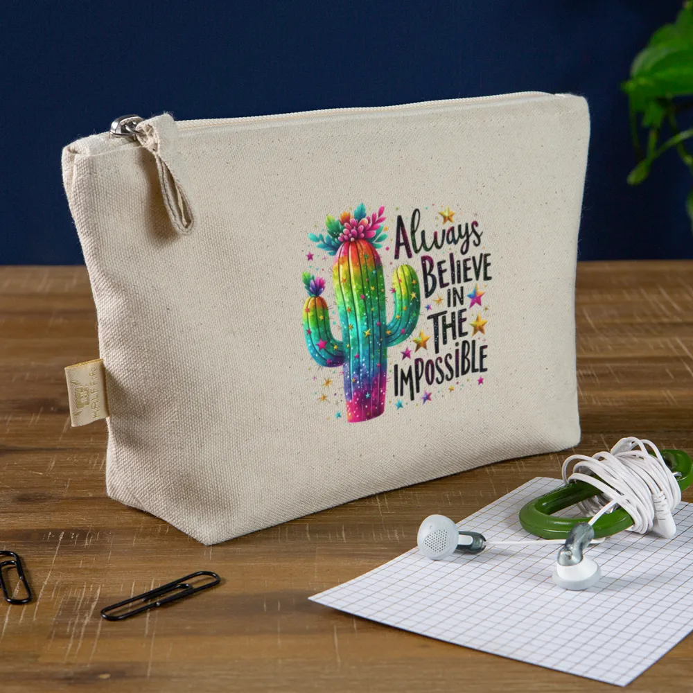 Personalisierte Tasche / Kulturtasche mit Rainbow Kaktus und Spruch "Always believe in the impossible" - Täschchen für Mädchen und Damen aus Bio Baumwolle - Individualisierung bei Text und Motiv - 250 x 140 x 60 mm -