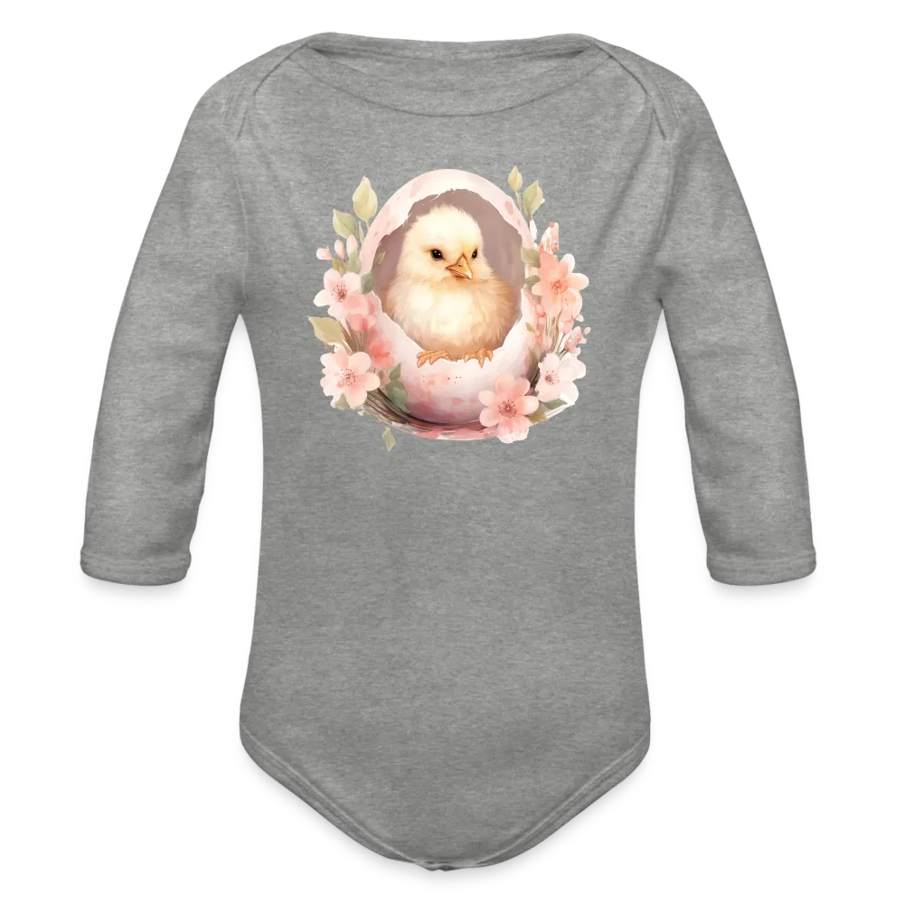 Personalisierter Baby Bio-Langarm-Body für Ostern - niedliches Küken in der Eierschale - Motiv, Produkt, Text und eigenes Foto ist easy änderbar - in vielen Farben und Größen bis Größe 80 bzw. 12 Monate - Grau meliert