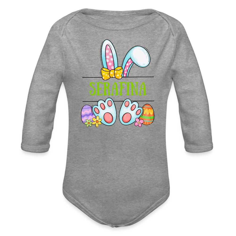 Personalisierter Baby Bio-Langarm-Body mit Oster Motiv für Mädchen - süßer bunter Osterhase mit Name - Grau meliert