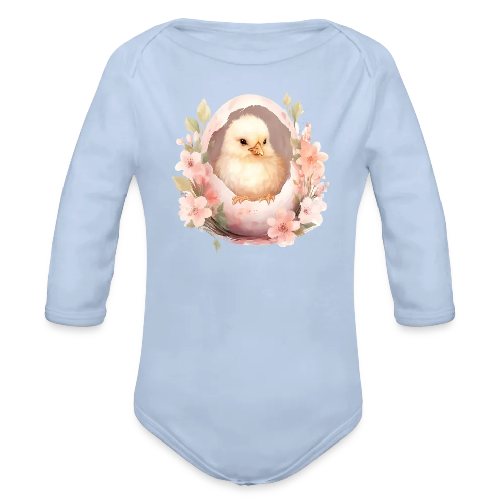 Personalisierter Baby Bio-Langarm-Body für Ostern - niedliches Küken in der Eierschale - Motiv, Produkt, Text und eigenes Foto ist easy änderbar - in vielen Farben und Größen bis Größe 80 bzw. 12 Monate - Sky