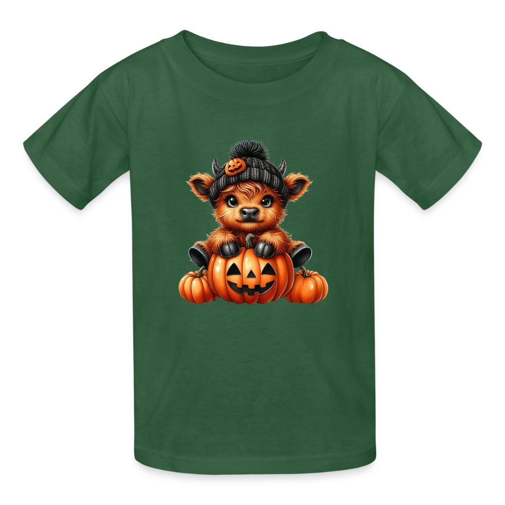 Personalisierbares Kinder T-Shirt für Halloween - Yak mit Kürbis auf schwarz - Motiv kann auf jedes Kurzarm- oder Langarm-Shirt gedruckt werden - auch für Erwachsene - viele weitere Farben und Größen - Flaschengrün