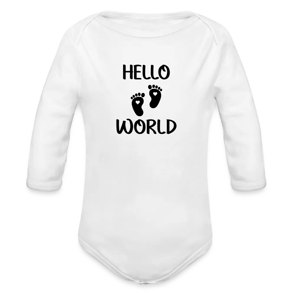 Personalisierter Unisex Baby Bio-Langarm-Body mit Babyfüßen und Spruch "Hello World" - 100% Bio Baumwolle - bis Größe 80 bzw. 12 Monate - in vielen Farben und Größen - Bild, Motiv und Text sind individualisierbar - Weiß