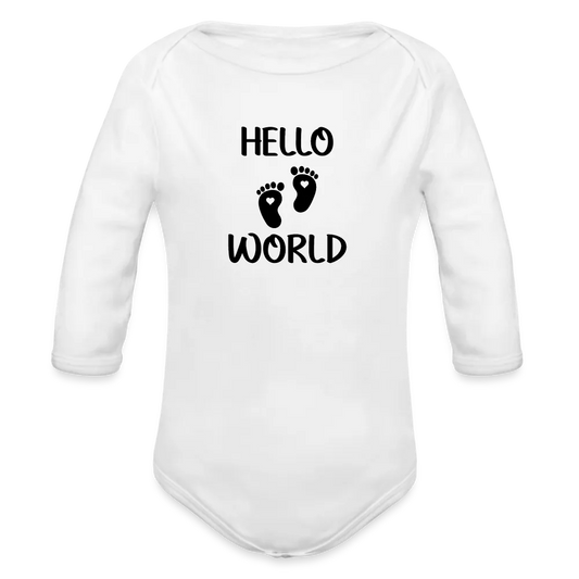 Personalisierter Unisex Baby Bio-Langarm-Body mit Babyfüßen und Spruch "Hello World" - 100% Bio Baumwolle - bis Größe 80 bzw. 12 Monate - in vielen Farben und Größen - Bild, Motiv und Text sind individualisierbar - Weiß