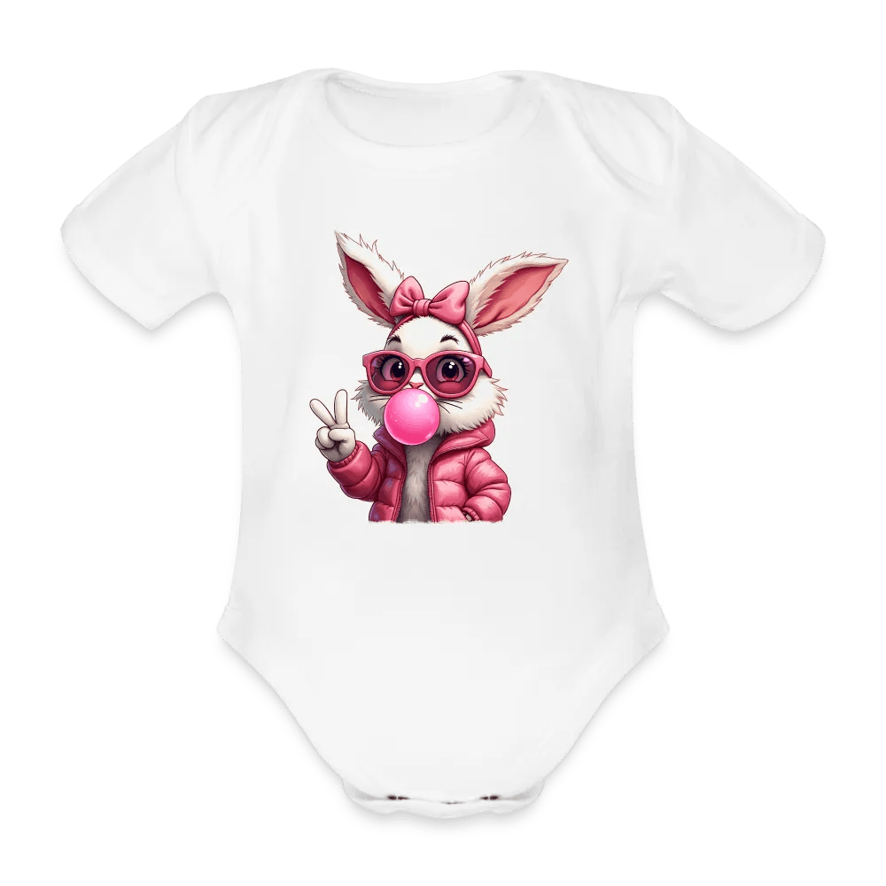 happy-prints.eu - Personalisierter Baby Bio-Kurzarm-Body für Mädchen mit Osterhasen, Brille und Kaugummi - Babybody für Ostern - in vielen Farben und Größen - Motiv und Text individualisierbar