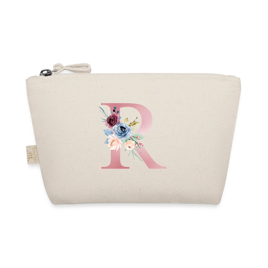 Personalisierte Tasche / Kulturtasche mit rosa Buchstaben und Blumen für den Namen - Täschchen für Mädchen und Damen aus Bio Baumwolle - Buchstabe und Motiv individualisierbar - 250 x 140 x 60 mm - Natur One size