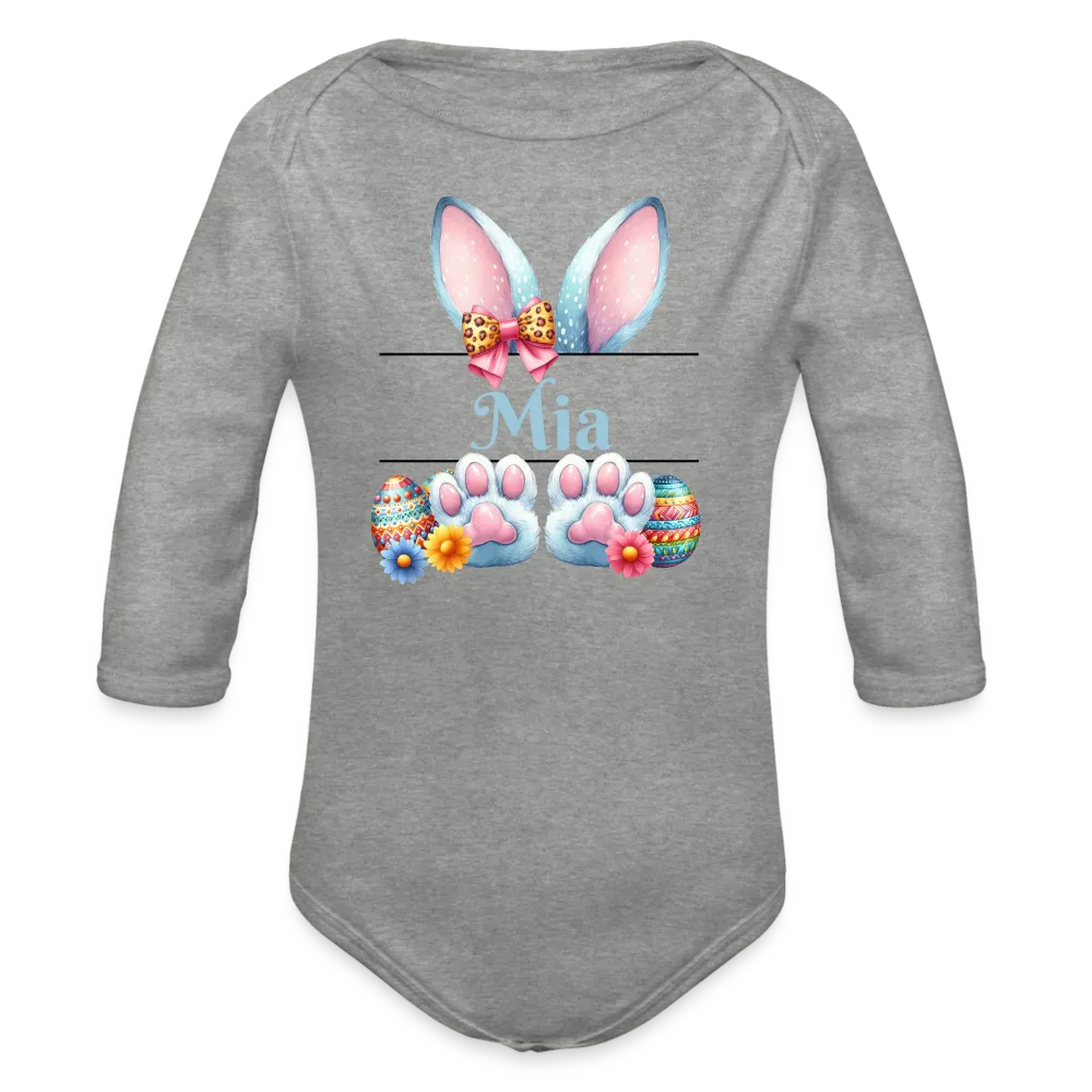 Personalisierter Baby Bio-Langarm-Body für Ostern - Frohe Ostern Body mit Osterhasen Ohren, Ostereier und Name - niedlicher Print für Mädchen - Name, Motiv und Produkt sind leicht änderbar - in vielen Farben und Größen bis Größe 80 bzw. 12 Monate - Grau meliert