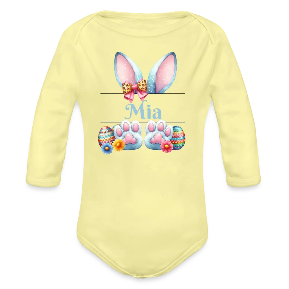 Personalisierter Baby Bio-Langarm-Body für Ostern - Frohe Ostern Body mit Osterhasen Ohren, Ostereier und Name - niedlicher Print für Mädchen - Name, Motiv und Produkt sind leicht änderbar - in vielen Farben und Größen bis Größe 80 bzw. 12 Monate - Hellgelb