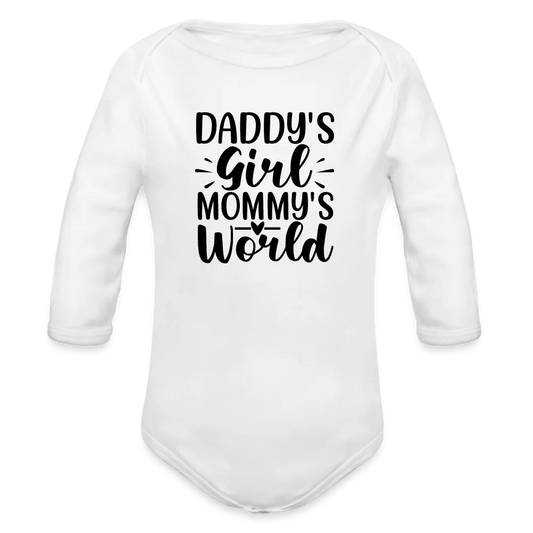 Personalisierter Mädchen Baby Bio-Langarm-Body mit Spruch "Daddy Girl - Mommys World" - 100% Bio Baumwolle - bis Größe 80 bzw. 12 Monate - in vielen Farben und Größen - Bild, Motiv und Text sind individualisierbar - Weiß