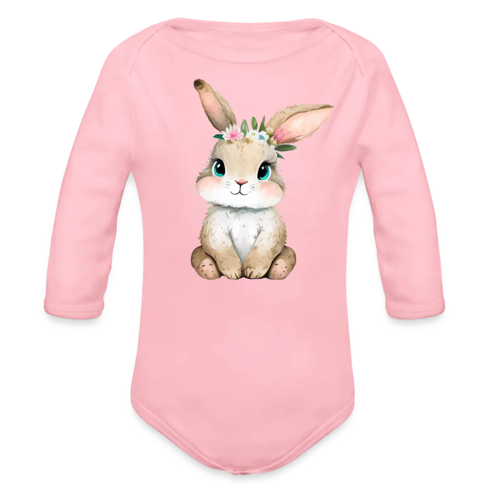 Personalisierter Baby Bio-Langarm-Body für Ostern - niedlicher Bunny Body mit Mädchen Osterhase und Blumen - Motiv, Produkt, Text und eigenes Foto ist easy änderbar - in vielen Farben und Größen bis Größe 80 bzw. 12 Monate - Hellrosa