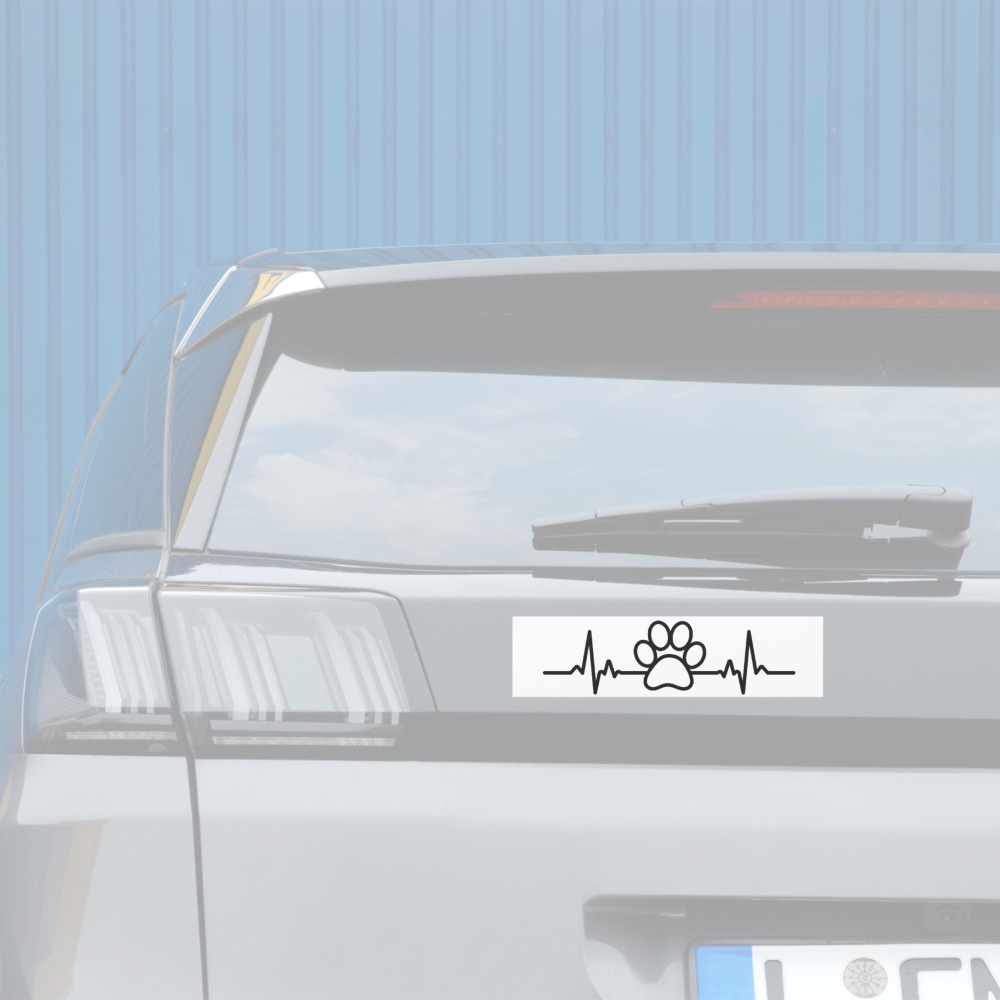 Personalisierter Auto-Aufkleber mit Hundepfote auf Herzschlag Linie - Heartbeat mit Tiere - Text und Motiv kann easy verändert werden -