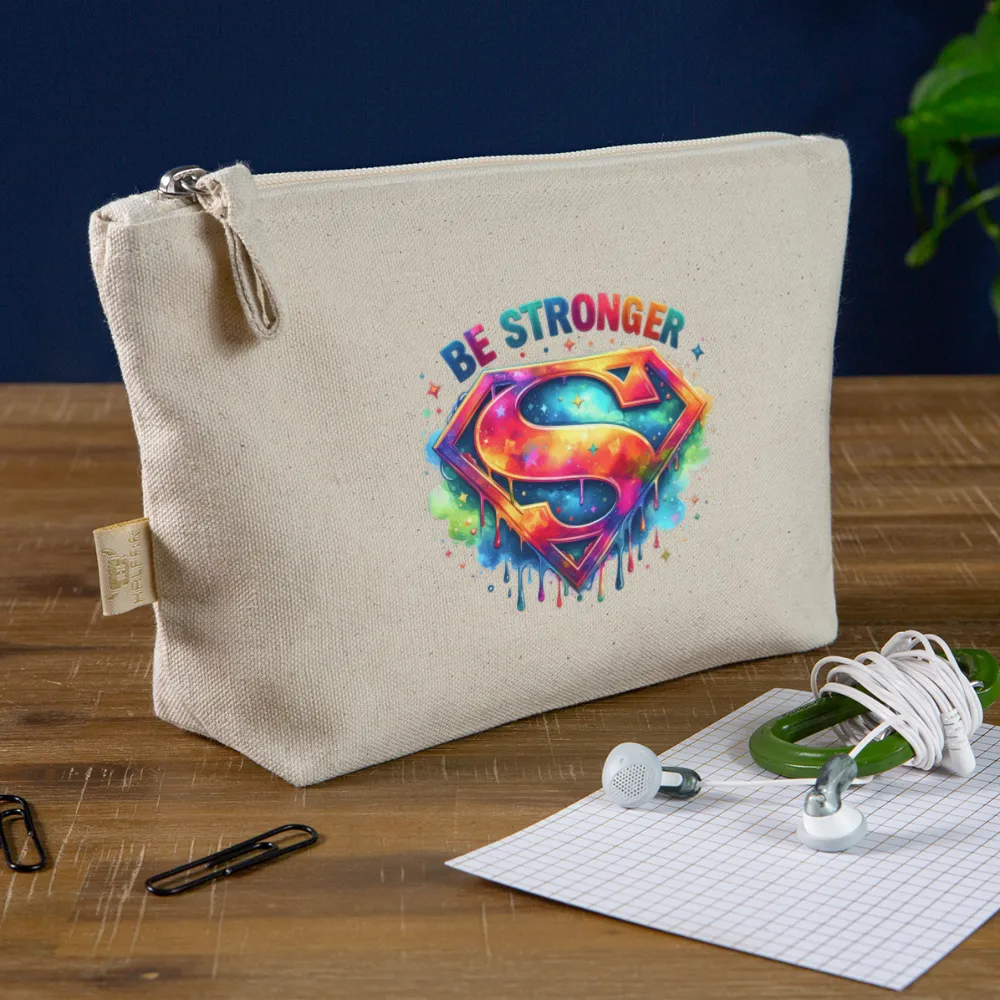 Personalisierte Tasche / Kulturtasche mit Spruch "Be Stronger" und einem Rainbow "S" für Superwoman - Täschchen für Mädchen und Damen aus Bio Baumwolle - mit Motiv und Text individualisierbar - 250 x 140 x 60 mm -
