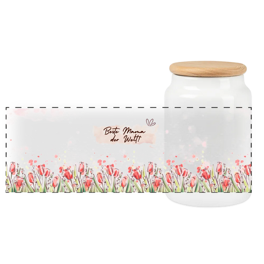 Keksdose mit Holzdeckel mit wunderschönen frühlingshaften Tulpen und Text "Beste Mama der Welt!" - Weiß 650 ml