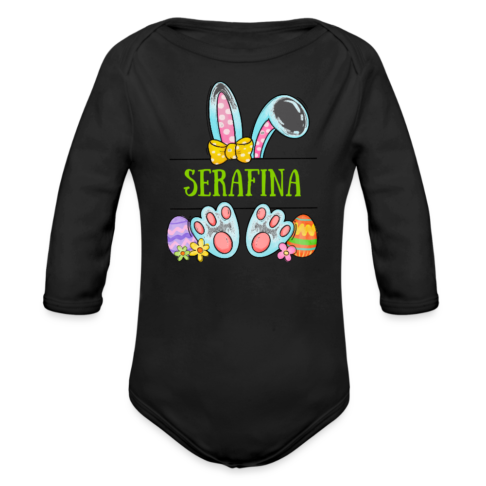 Personalisierter Baby Bio-Langarm-Body mit Oster Motiv für Mädchen - süßer bunter Osterhase mit Name - Schwarz