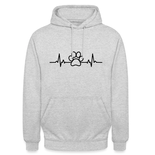 Personalisierter Unisex Hoodie mit Hundepfote und Herzlinie - Heartbeat für Männer und Frauen - in vielen Farben und Größen - Hellgrau meliert