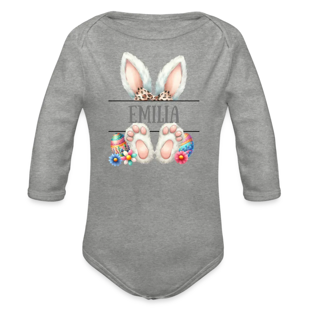 Personalisierter Baby Bio-Langarm-Body für Ostern - Frohe Ostern Body mit Osterhasen Ohren, Ostereier und Name - niedlicher Print für Mädchen - Name, Motiv und Produkt sind leicht änderbar - in vielen Farben und Größen bis Größe 80 bzw. 12 Monate - Grau meliert