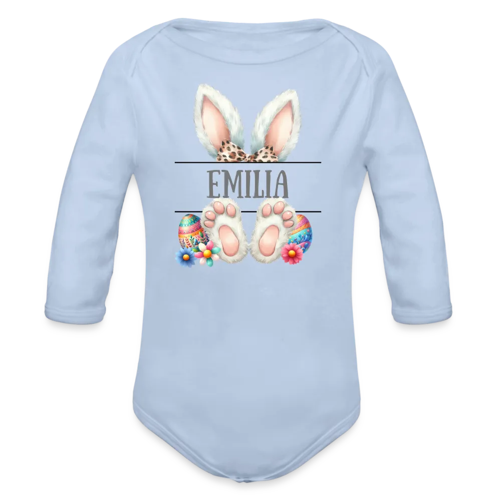 Personalisierter Baby Bio-Langarm-Body für Ostern - Frohe Ostern Body mit Osterhasen Ohren, Ostereier und Name - niedlicher Print für Mädchen - Name, Motiv und Produkt sind leicht änderbar - in vielen Farben und Größen bis Größe 80 bzw. 12 Monate - Sky