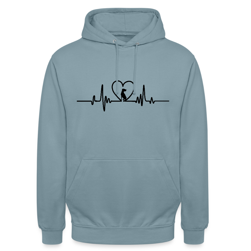 Personalisierter Unisex Hoodie mit Hund in Herz auf Herzlinie - Sweater für Frauen und Männer - viele Farben und Größen - Text und Motiv anpassbar - Nebelblau