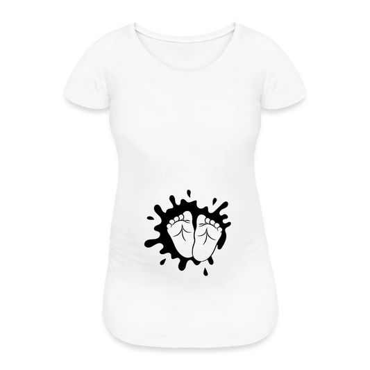 Personalisiertes weißes Schwangerschaft T-Shirt für Frauen mit Babyfüßen - Print Shirts für werdende Mama in vielen Größen - Motiv und Text änderbar - Weiß