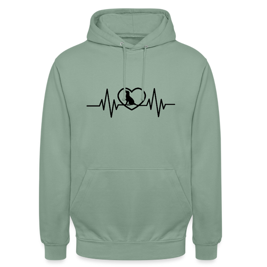 Personalisierbarer Unisex Hoodie mit Herzlinie und Hund in Herz - viele Größen und Farben für Männer und Frauen - Graugrün