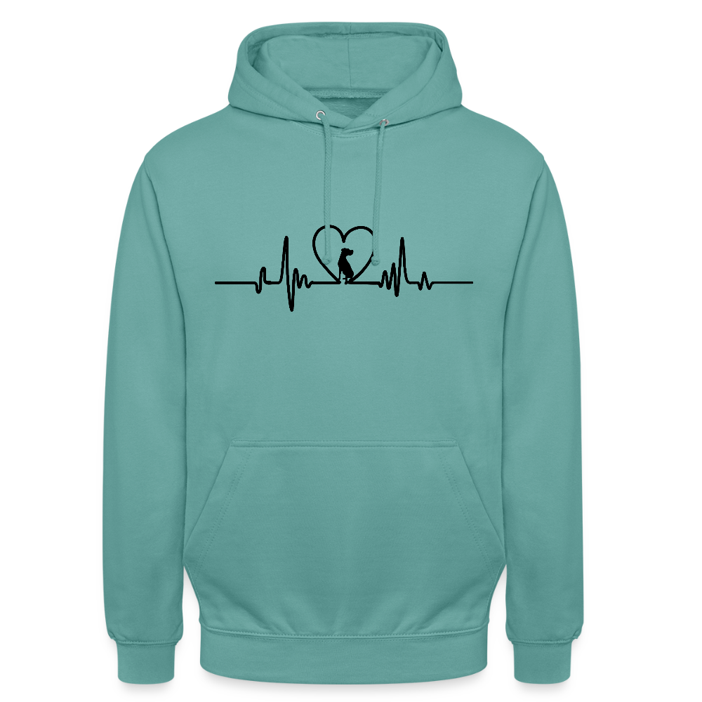 Personalisierter Unisex Hoodie mit Hund in Herz auf Herzlinie - Sweater für Frauen und Männer - viele Farben und Größen - Text und Motiv anpassbar - Pastelltürkis