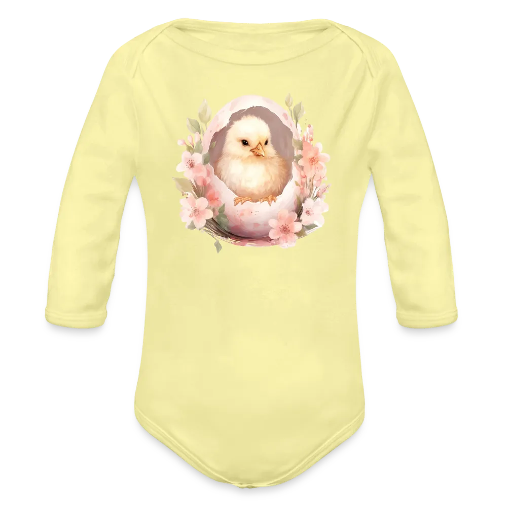 Personalisierter Baby Bio-Langarm-Body für Ostern - niedliches Küken in der Eierschale - Motiv, Produkt, Text und eigenes Foto ist easy änderbar - in vielen Farben und Größen bis Größe 80 bzw. 12 Monate - Hellgelb