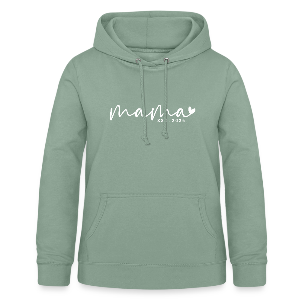 Personalisierter Frauen Hoodie mit eigenem Design bedrucken - hier mit Mama - est. 2025 - Sweater mit Spruch bedrucken - viele Farben und Größen - Graugrün