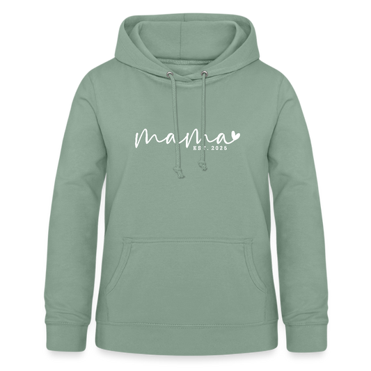Personalisierter Frauen Hoodie mit eigenem Design bedrucken - hier mit Mama - est. 2025 - Sweater mit Spruch bedrucken - viele Farben und Größen - Graugrün