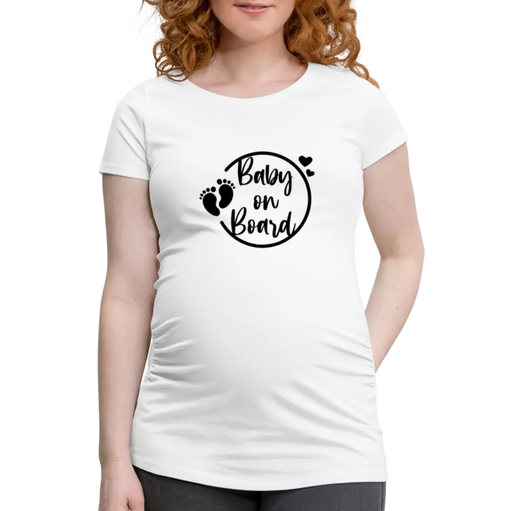 Personalisiertes weißes Schwangerschafts-T-Shirt für Frauen mit Babyfüßchen und "Baby on Board" - Print Shirts für werdende Mama - Motiv und Text individualisierbar - auch in großen Größen für jede Mutter -