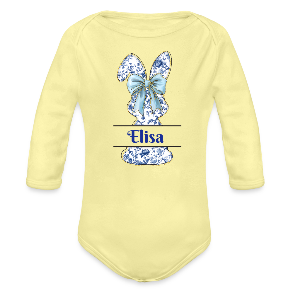 Personalisierter Baby Bio-Langarm-Body für Ostern - süßer Mädchen Osterhase mit Masche in blau - Hellgelb
