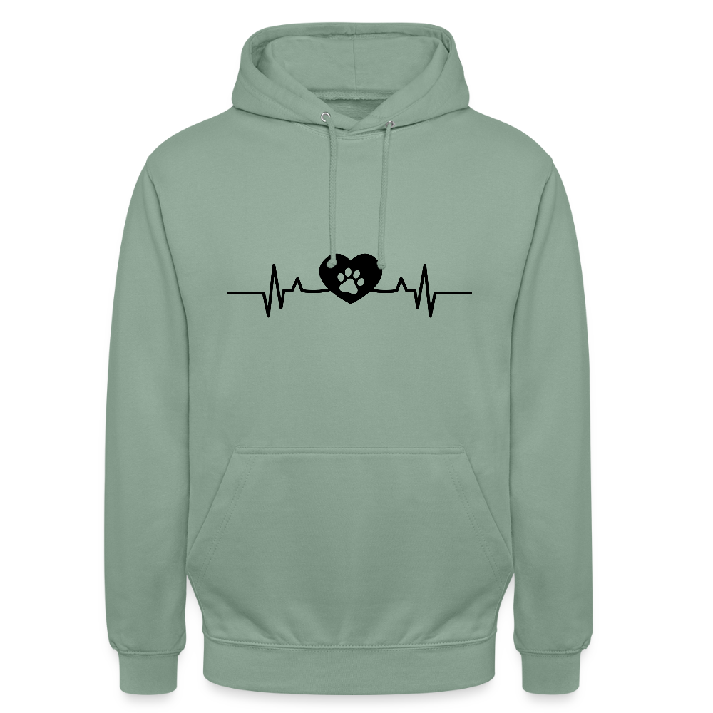 Personalisierter Unisex Hoodie mit Hundepfote in Herz auf Herzschlaglinie - Hearbeat Sweater für Damen und Herren - in vielen Farben und große Größen - Graugrün