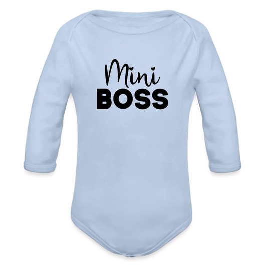 Personalisierter Unisex Baby Bio-Langarm-Body mit Spruch "Mini Boss" - 100% Bio Baumwolle - bis Größe 80 bzw. 12 Monate - in vielen Farben und Größen - Bild, Motiv und Text sind individualisierbar - Sky
